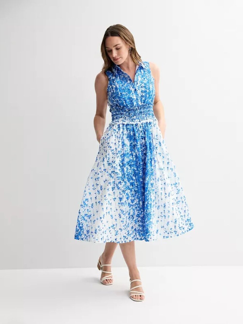 Taylor Blue and White Floral Midi Dress, Size 6